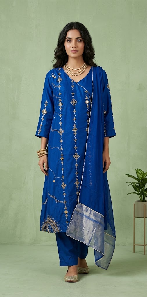 Blue cotton silk designer kurti set with handwork