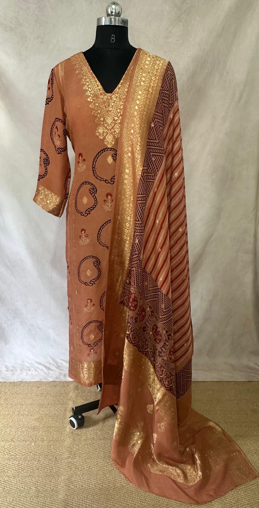 Dola silk kurti with ajrakh hand block print dupatta