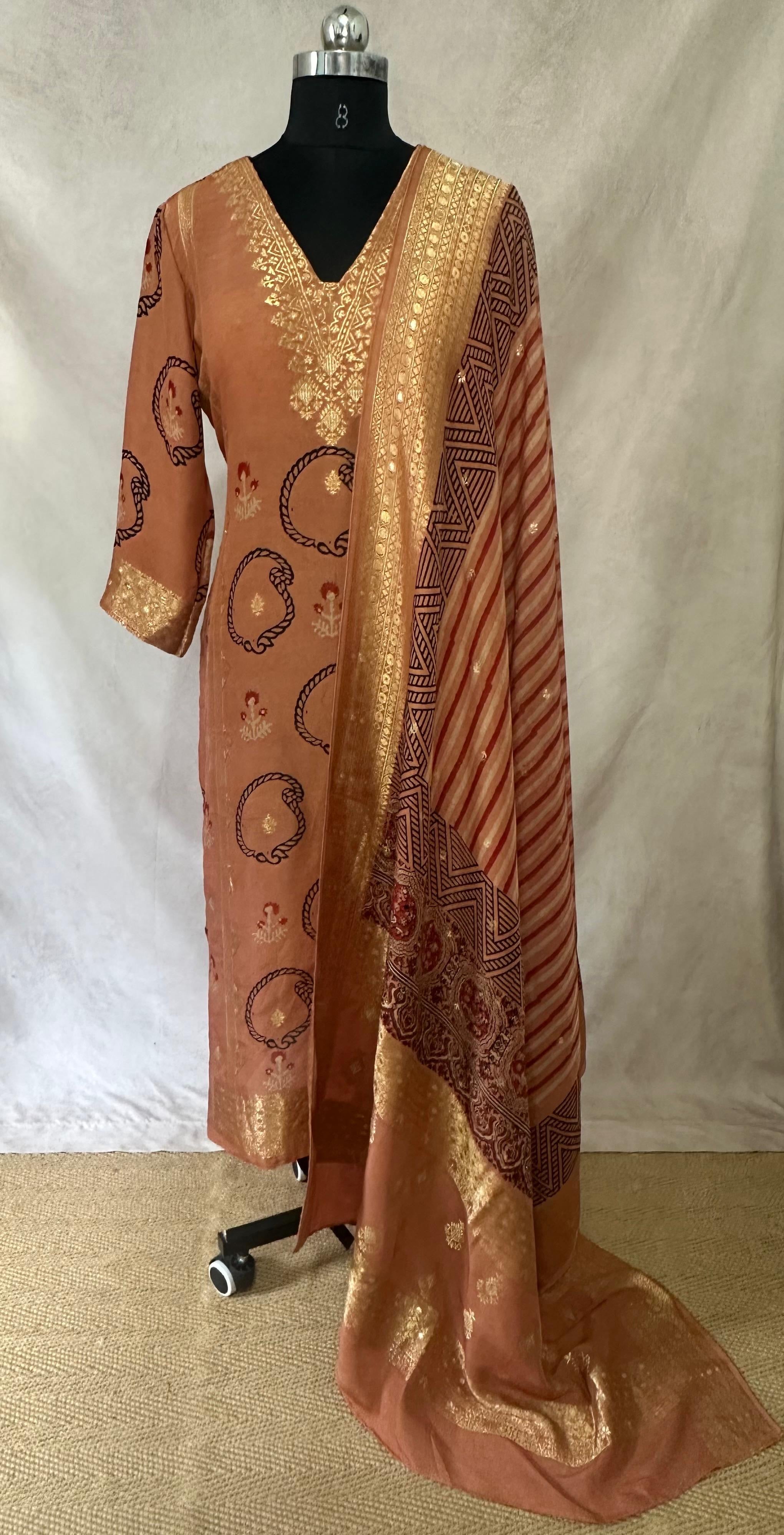 Dola silk kurti with ajrakh hand block print dupatta