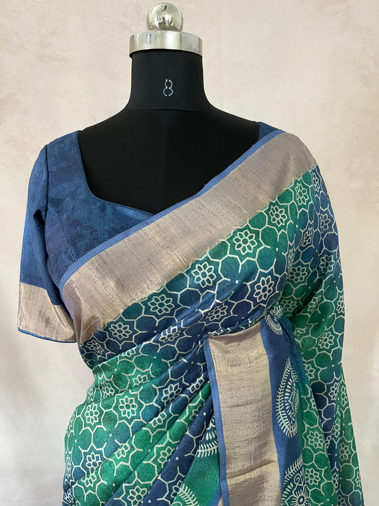 Blue semi soft tussar silk saree with floral print, with BP
