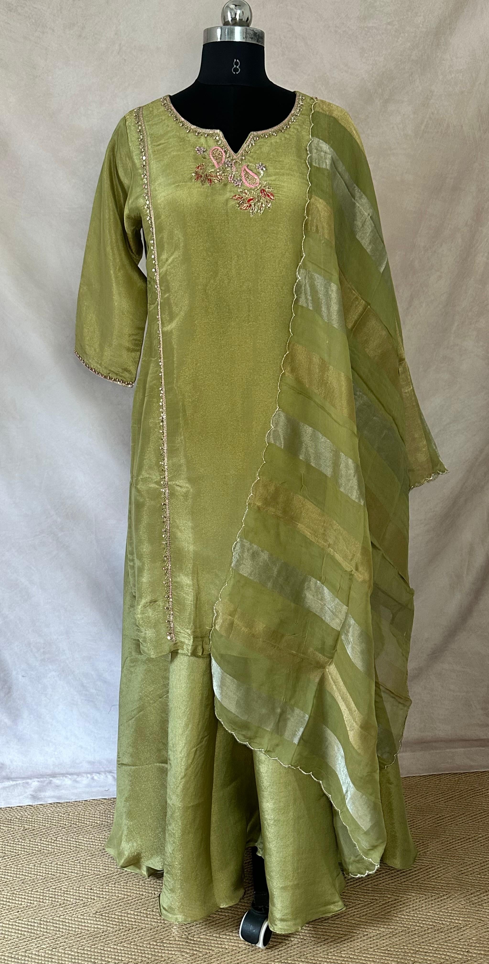 Olive green tissue silk short kuti with hand emroidery and flared palazzo and dupatta