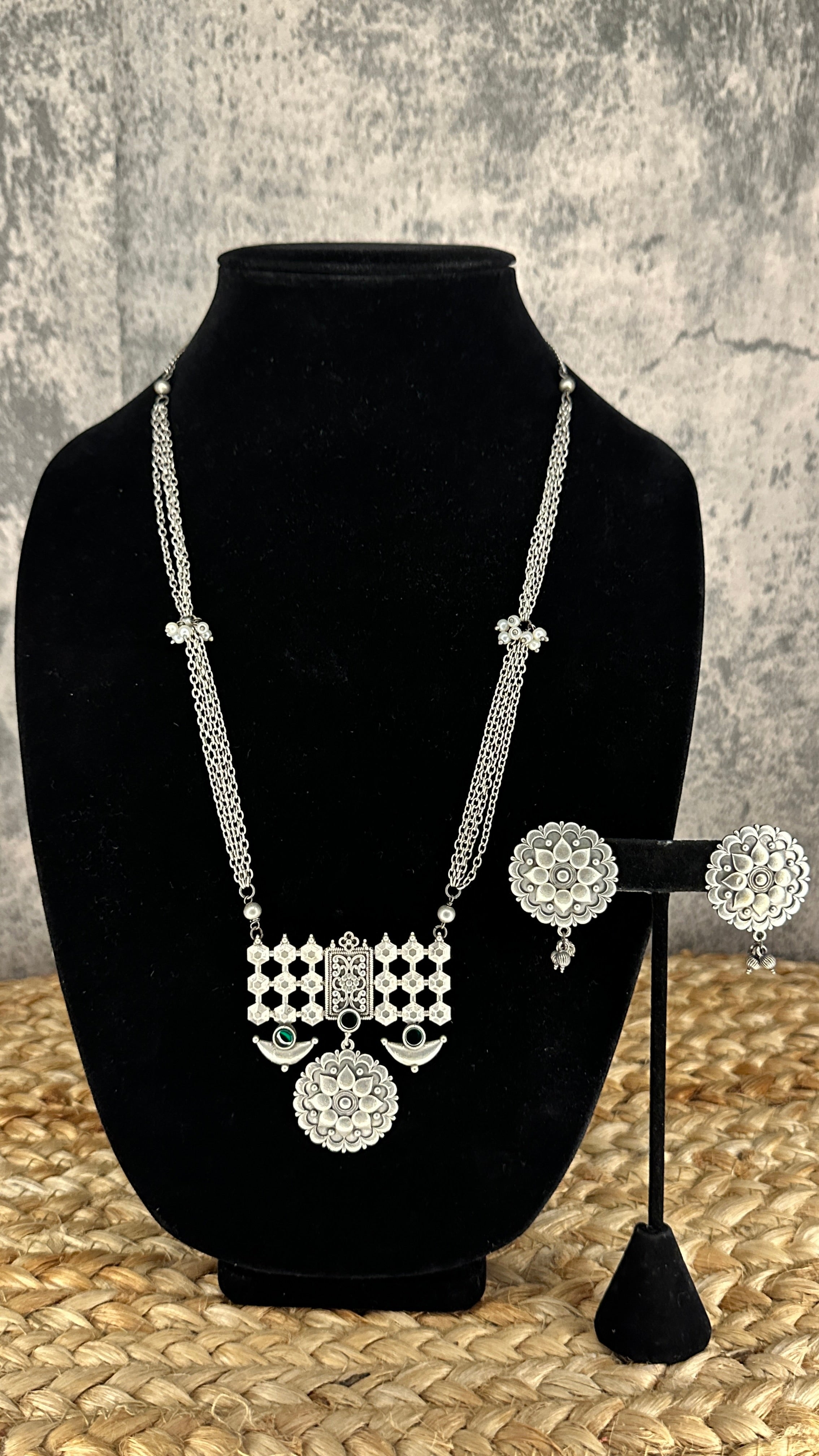 Silver replica necklace and earring - with green stone