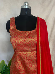 Red Banarsi brocade silk short kuti with flared palazzo