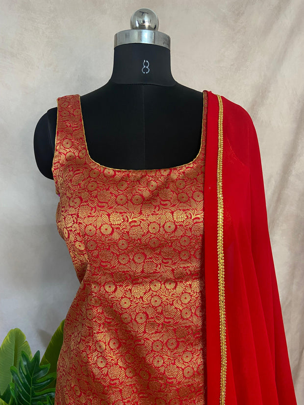 Red Banarsi brocade silk short kuti with flared palazzo