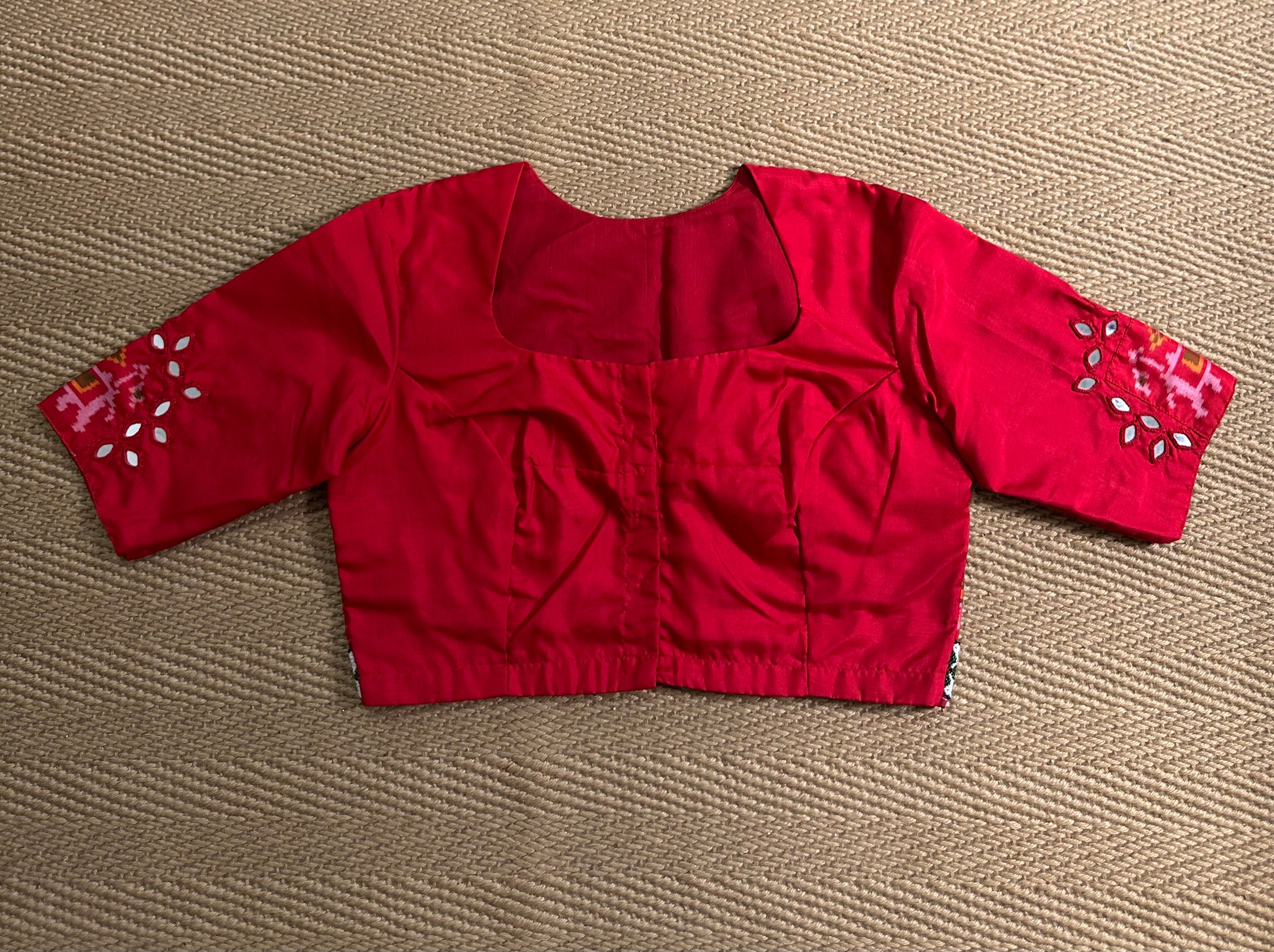 Red silk blouse with mirror work and bead emroidery