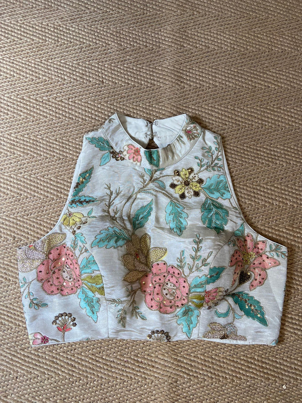 Off white tissue silk halter neck blouse