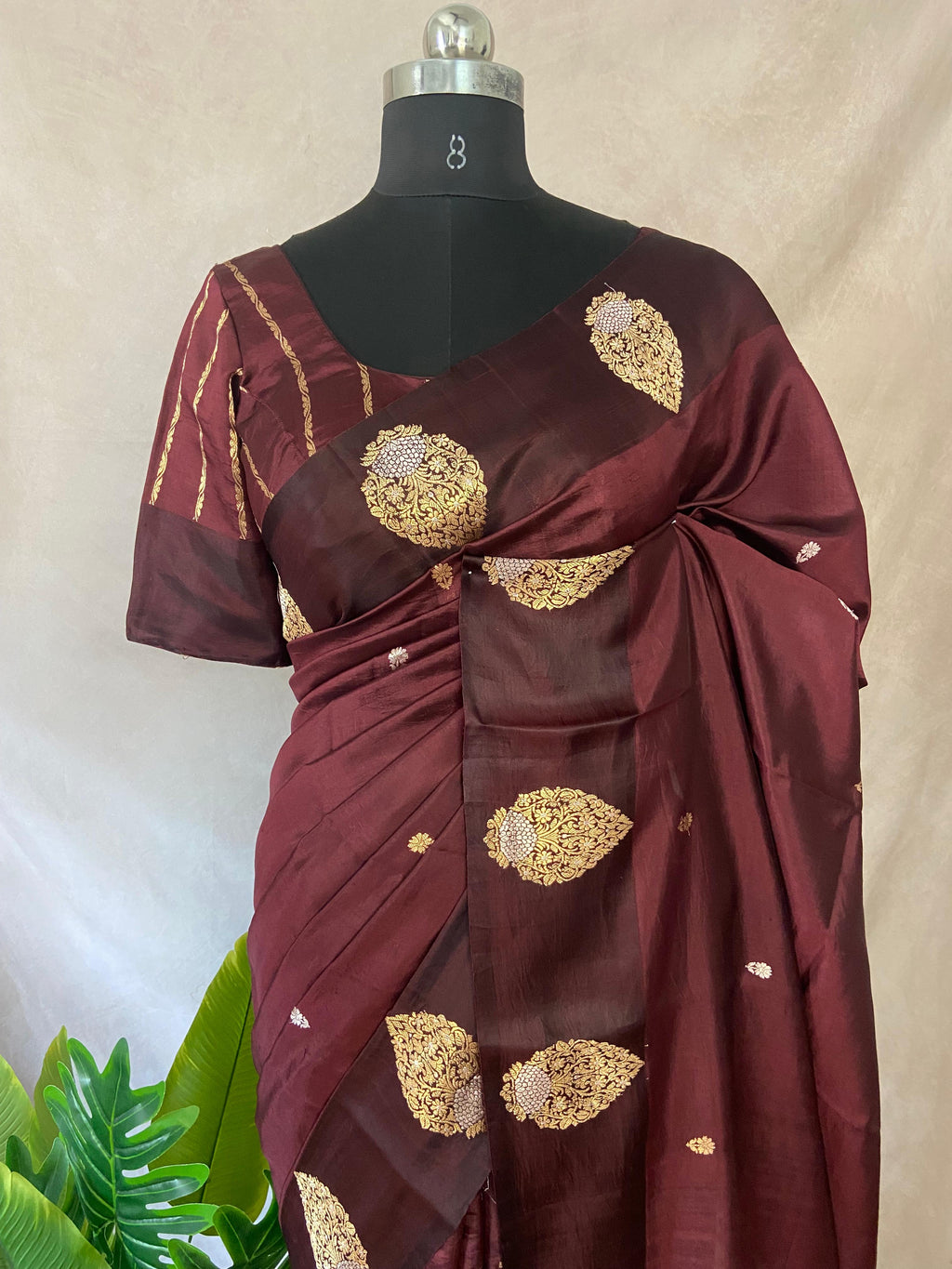 Brown pure raw mango silk saree with stitched blouse