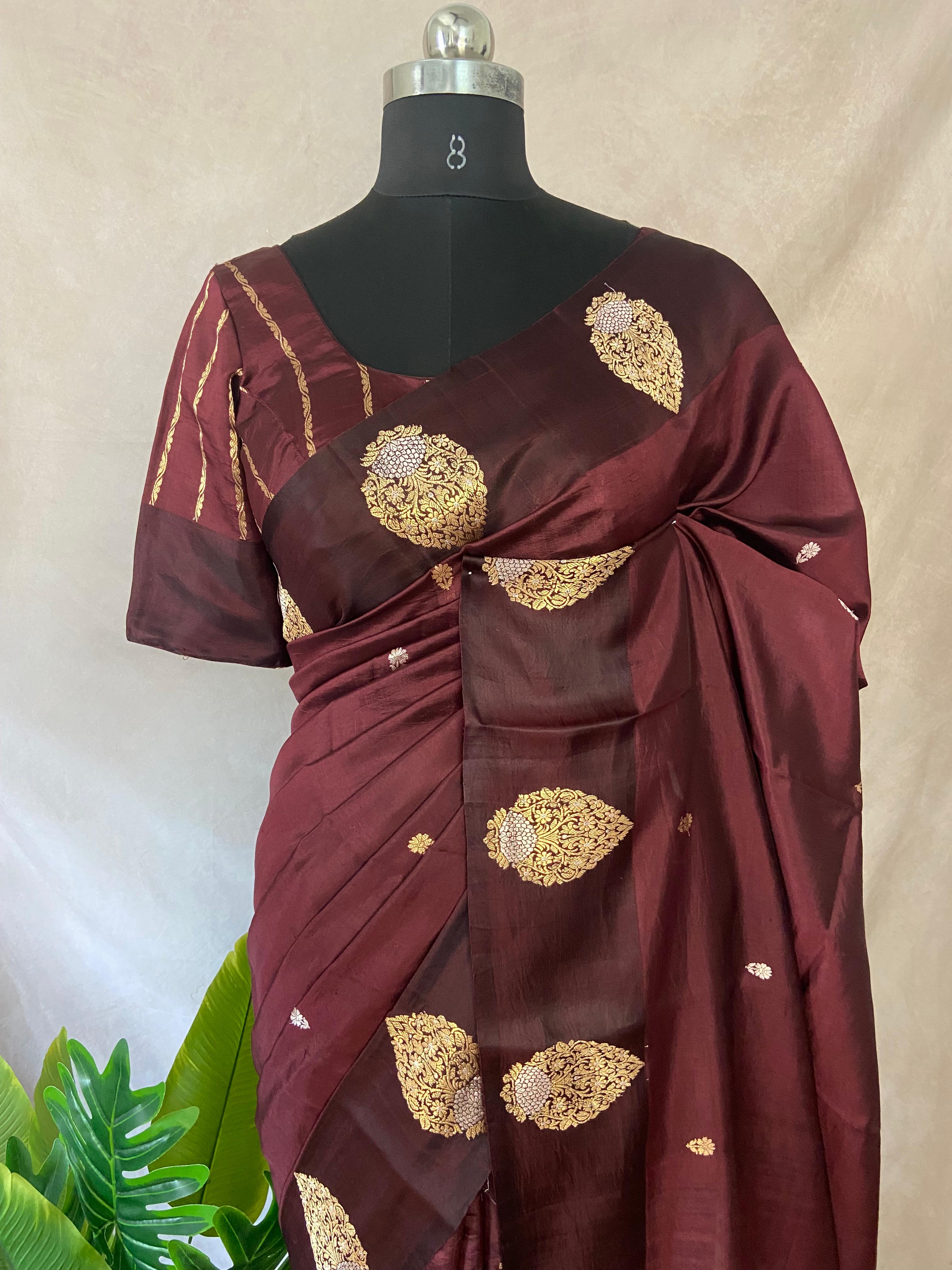 Brown pure raw mango silk saree with stitched blouse