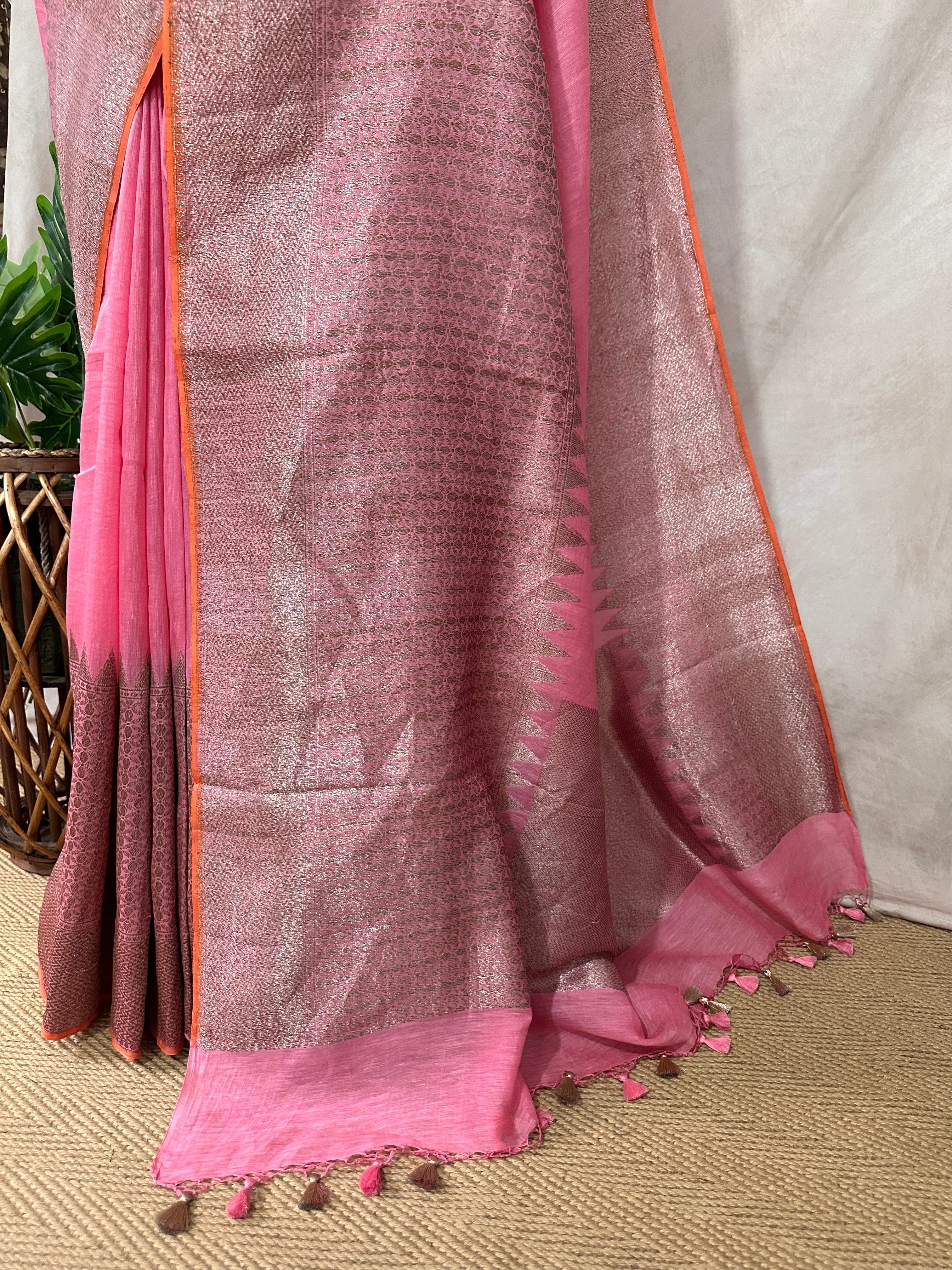 Linen banarsi saree with stitched blouse