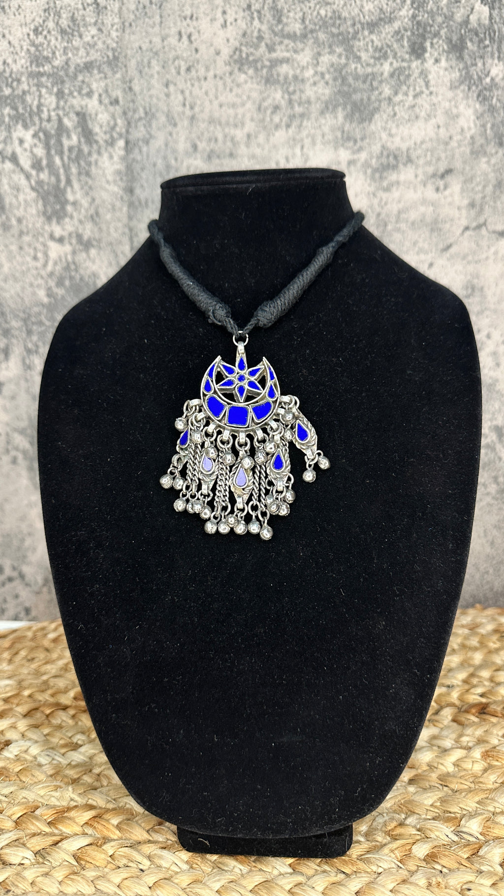 Indian Blue glass pendent with black thread