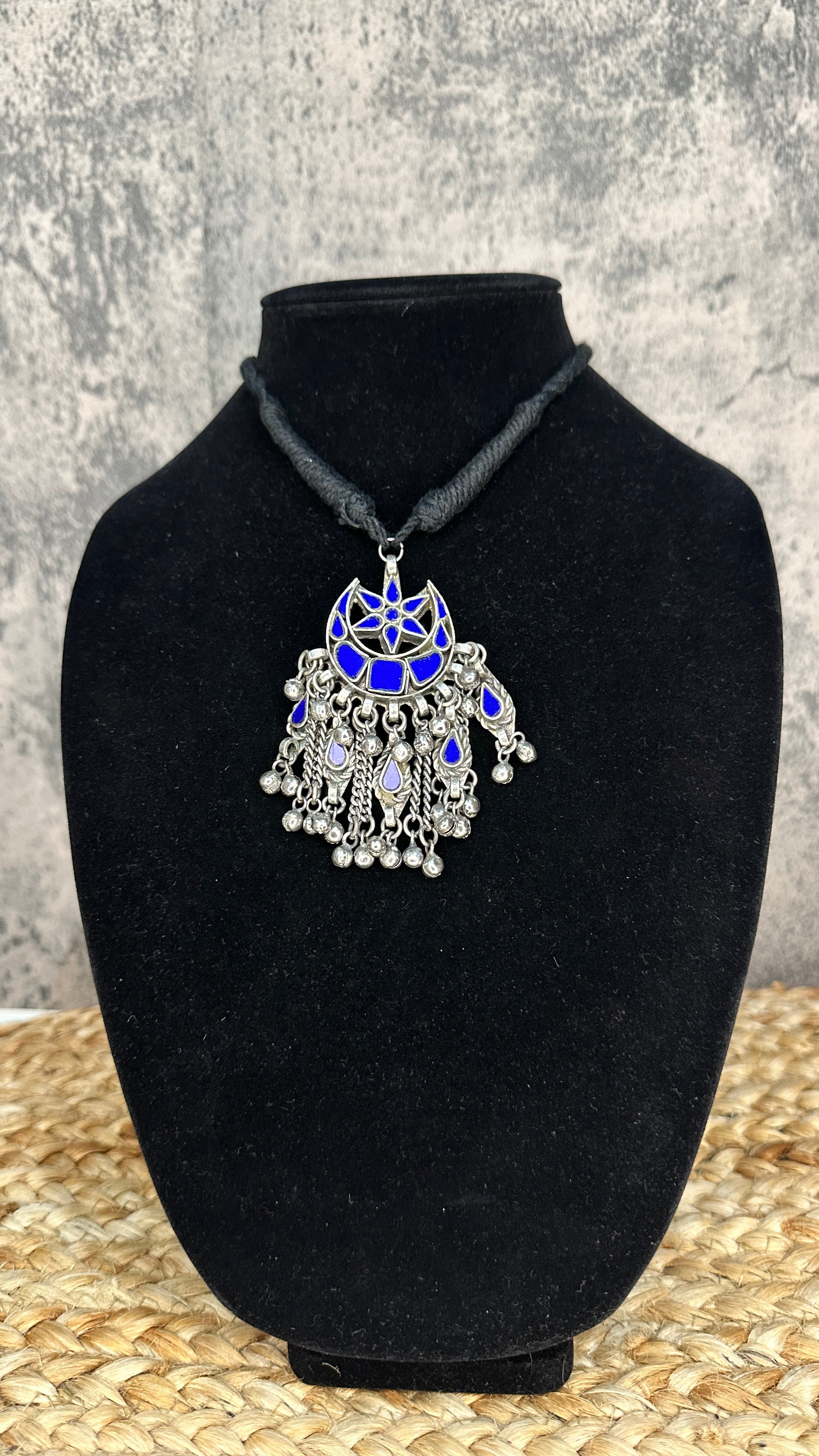 Indian Blue glass pendent with black thread