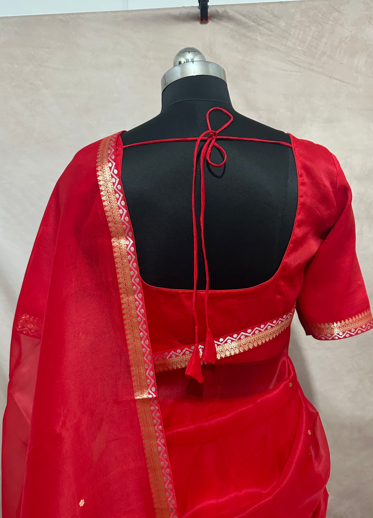 Kora silk saree with small border and stitched blouse and under skirt