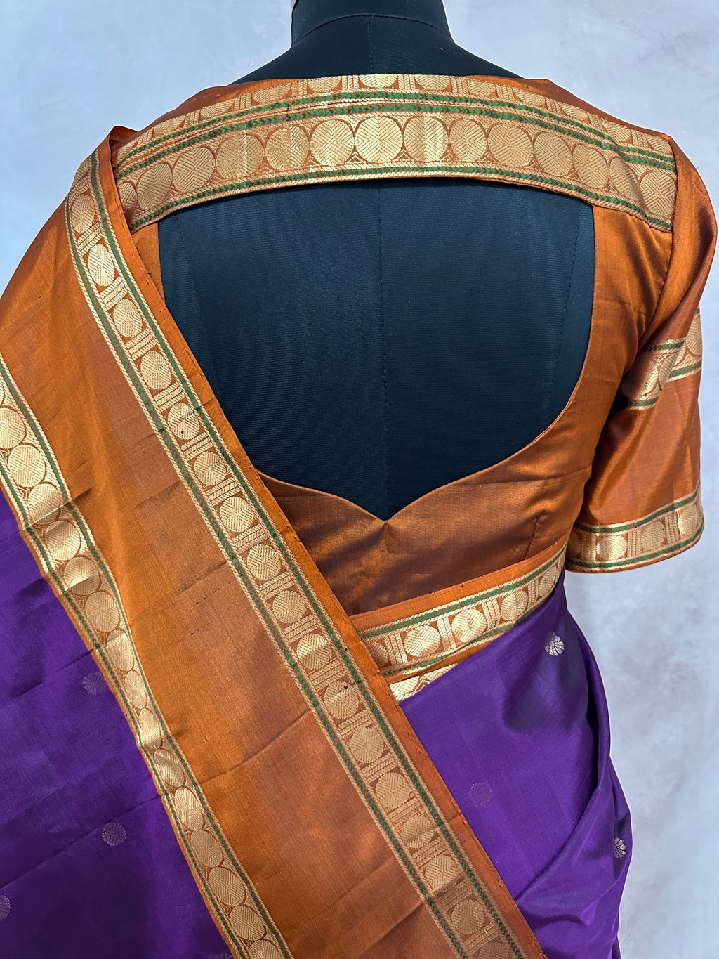 Purple and orange pure Kanchivaram soft silk saree with stitched blouse