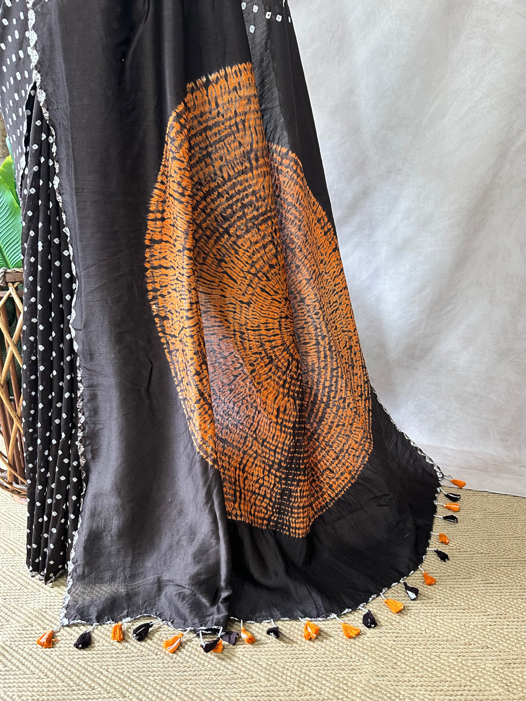 Pure chanderi silk saree with Bandhini and shibori work, stitched blouse
