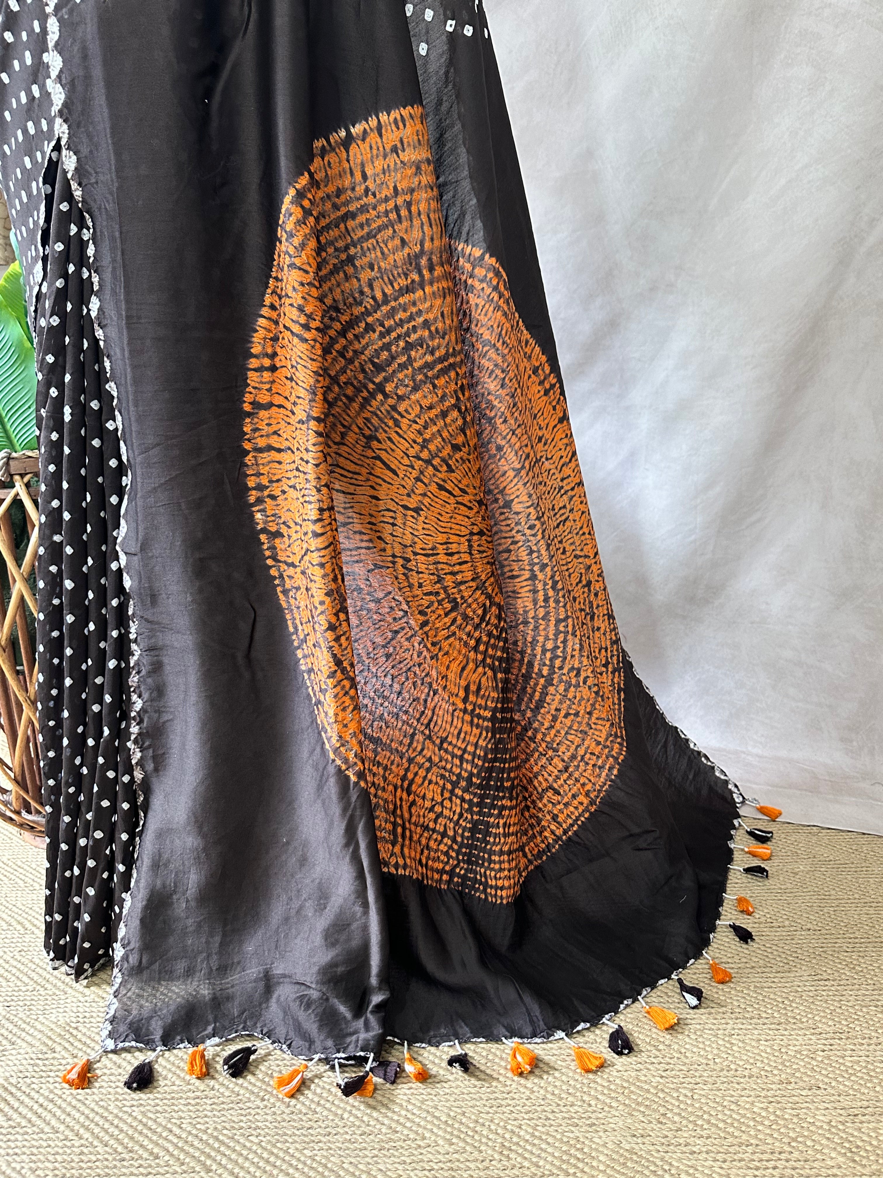 Pure chanderi silk saree with Bandhini and shibori work, stitched blouse