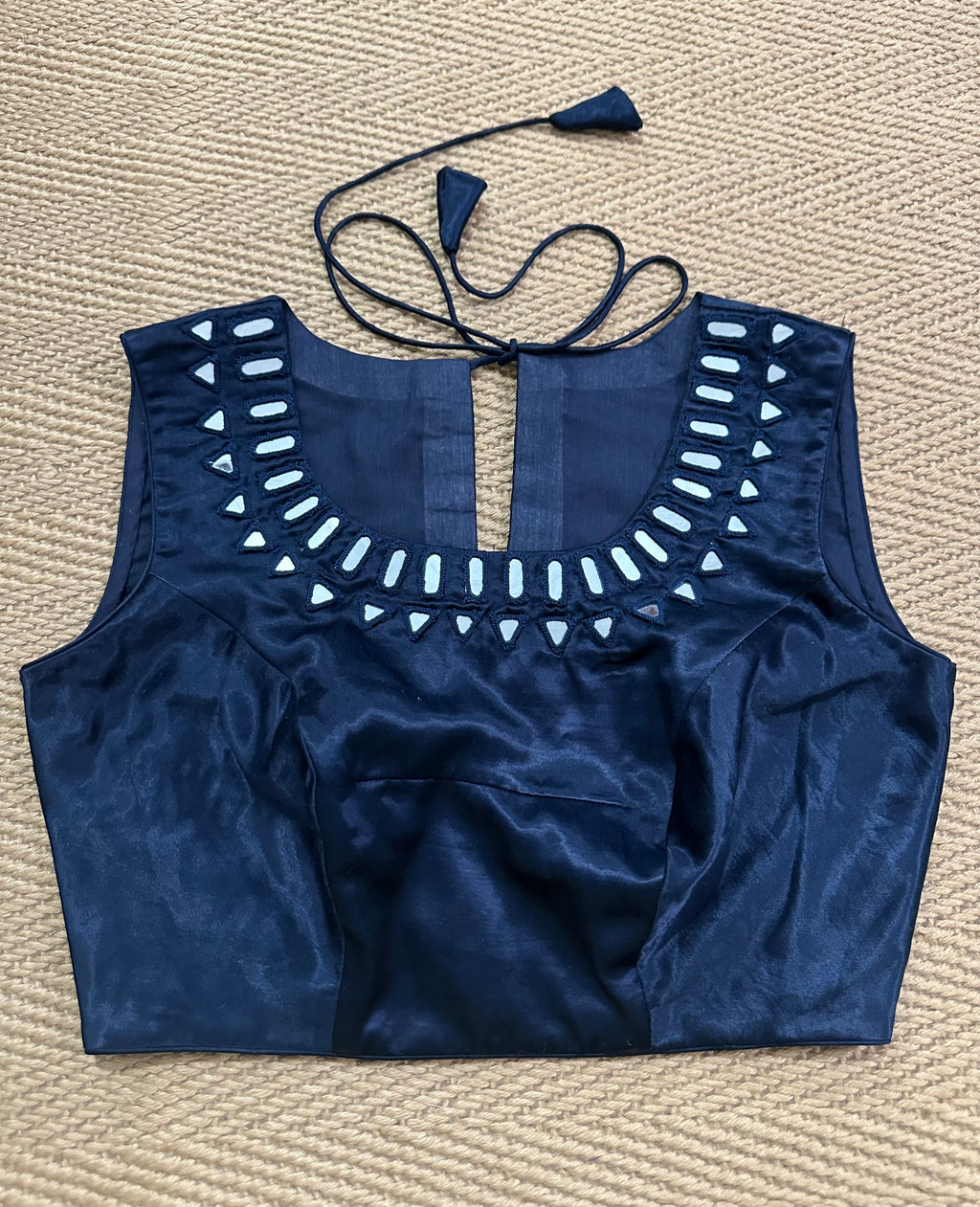 Navy blue modal silk blouse with mirror work