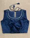 Navy blue modal silk blouse with mirror work