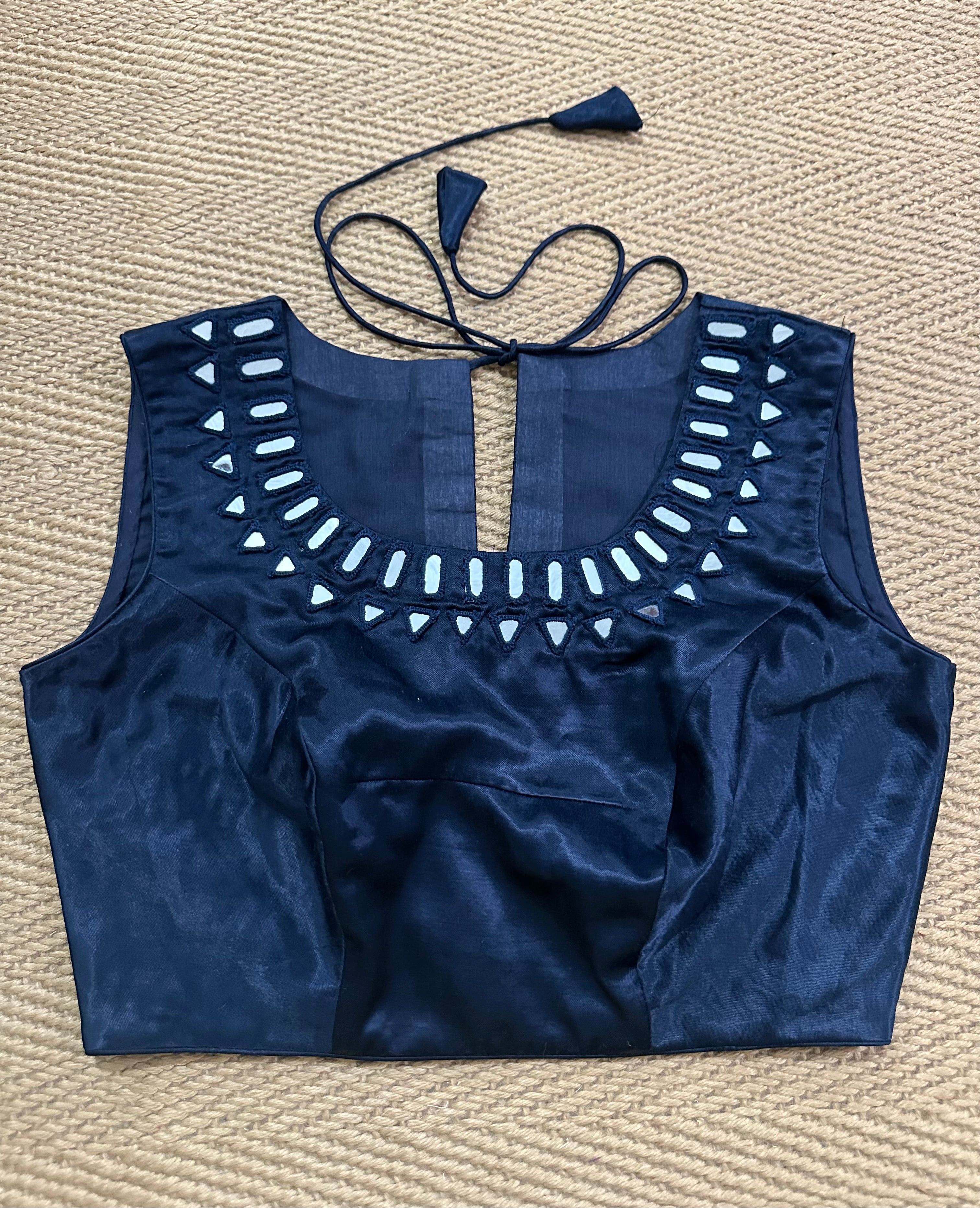 Navy blue modal silk blouse with mirror work