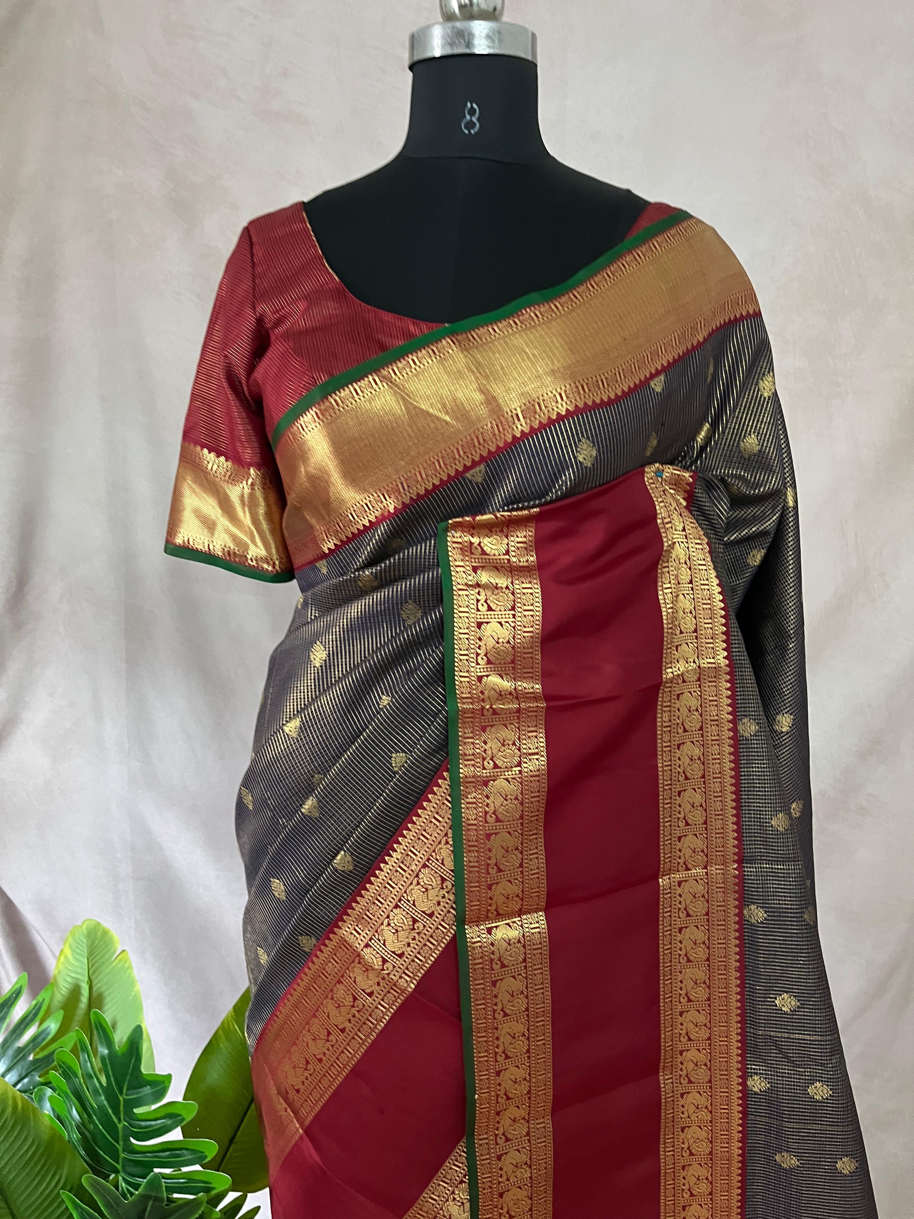 Navy Blue and Maroon Kanchivaram Saree With Stitched Blouse