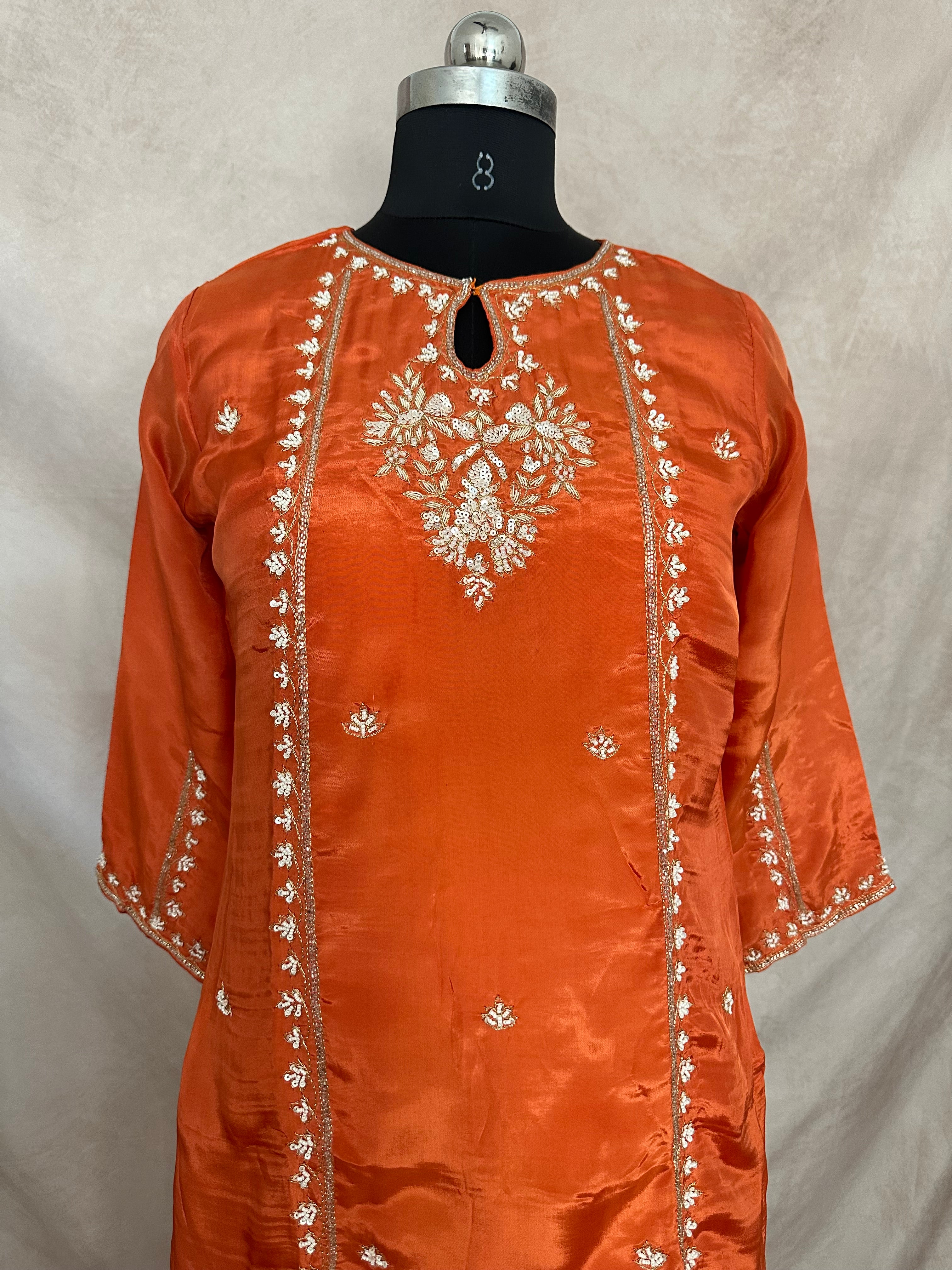 Tissue crepe silk short kurti with gharah and dupatta