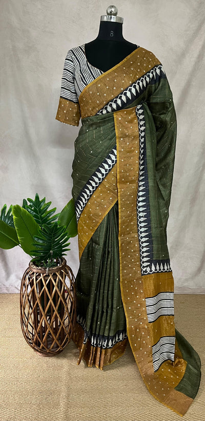 Pure Tussar silk saree with hand work and stitched blouse