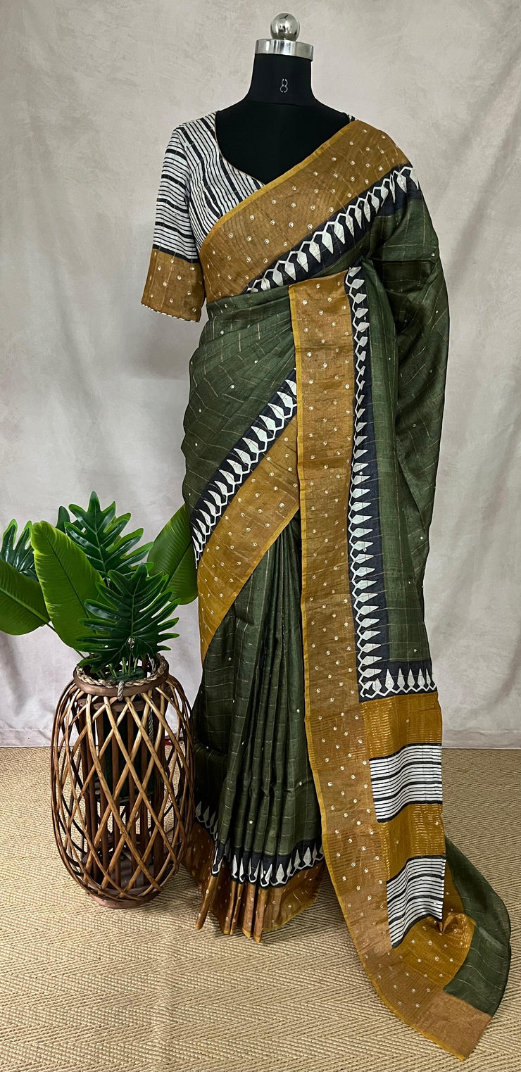 Pure Tussar silk saree with hand work and stitched blouse