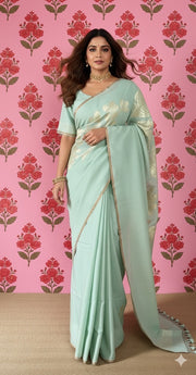 Mint Green Pure Munga Silk Designer Weave (Single Motif) Saree With Stitched Blouse