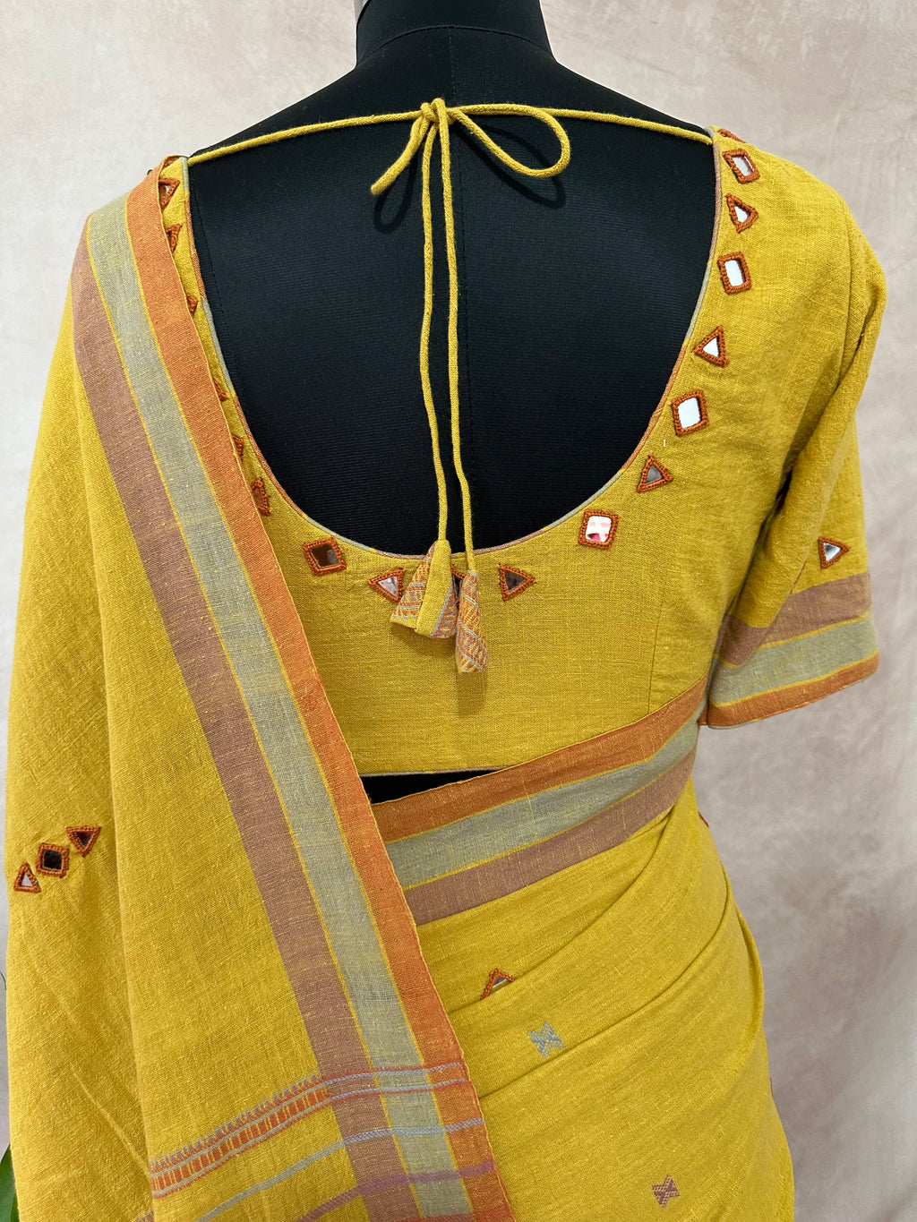 Organic Kala cotton handloom saree with mirror work , stitched blouse