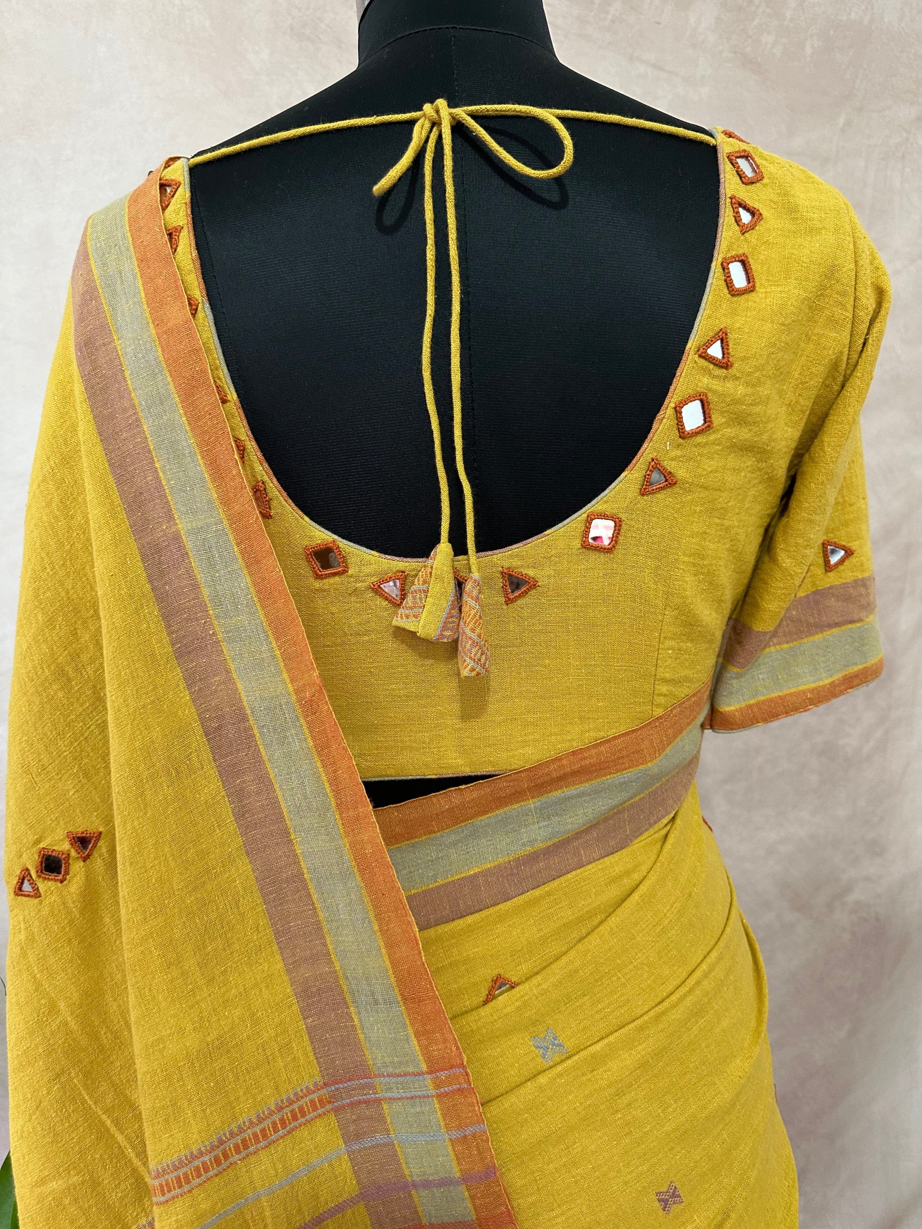 Organic Kala cotton handloom saree with mirror work , stitched blouse
