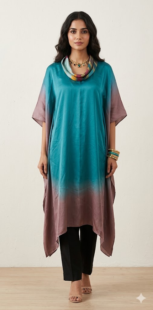 Shaded kaftan in satin silk , fits up to size 44