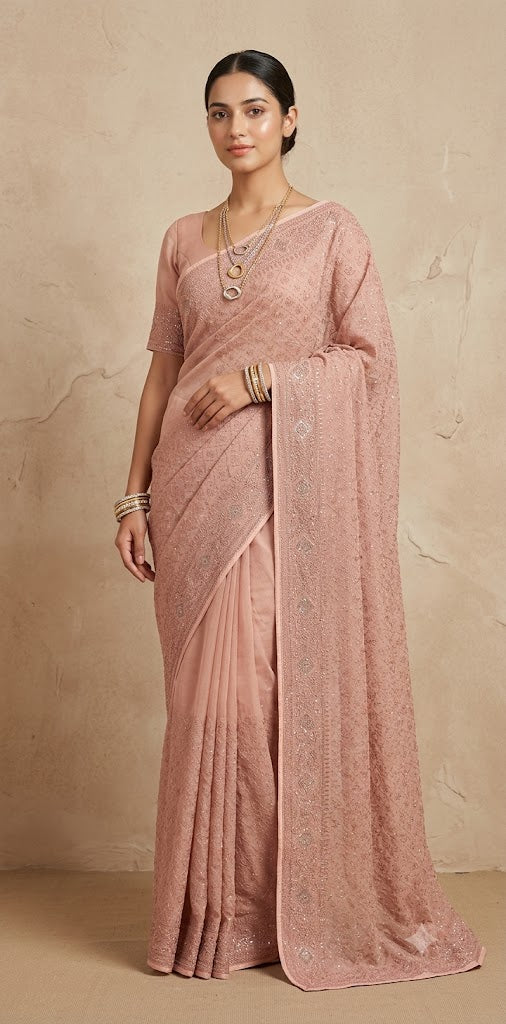 Georgette chikankari saree with stitched blouse