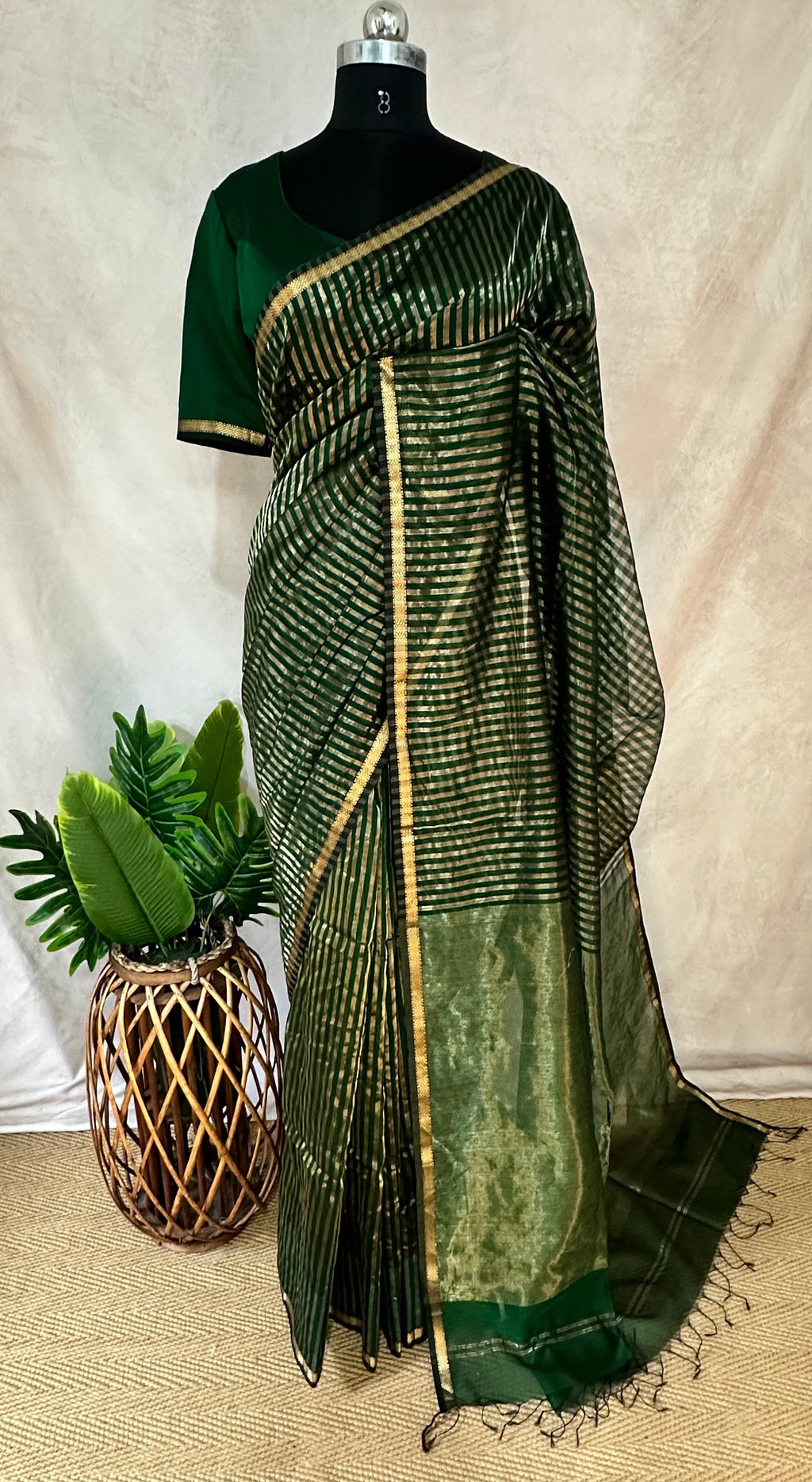Maheshwari tissue silk saree with stripe and stitched blouse