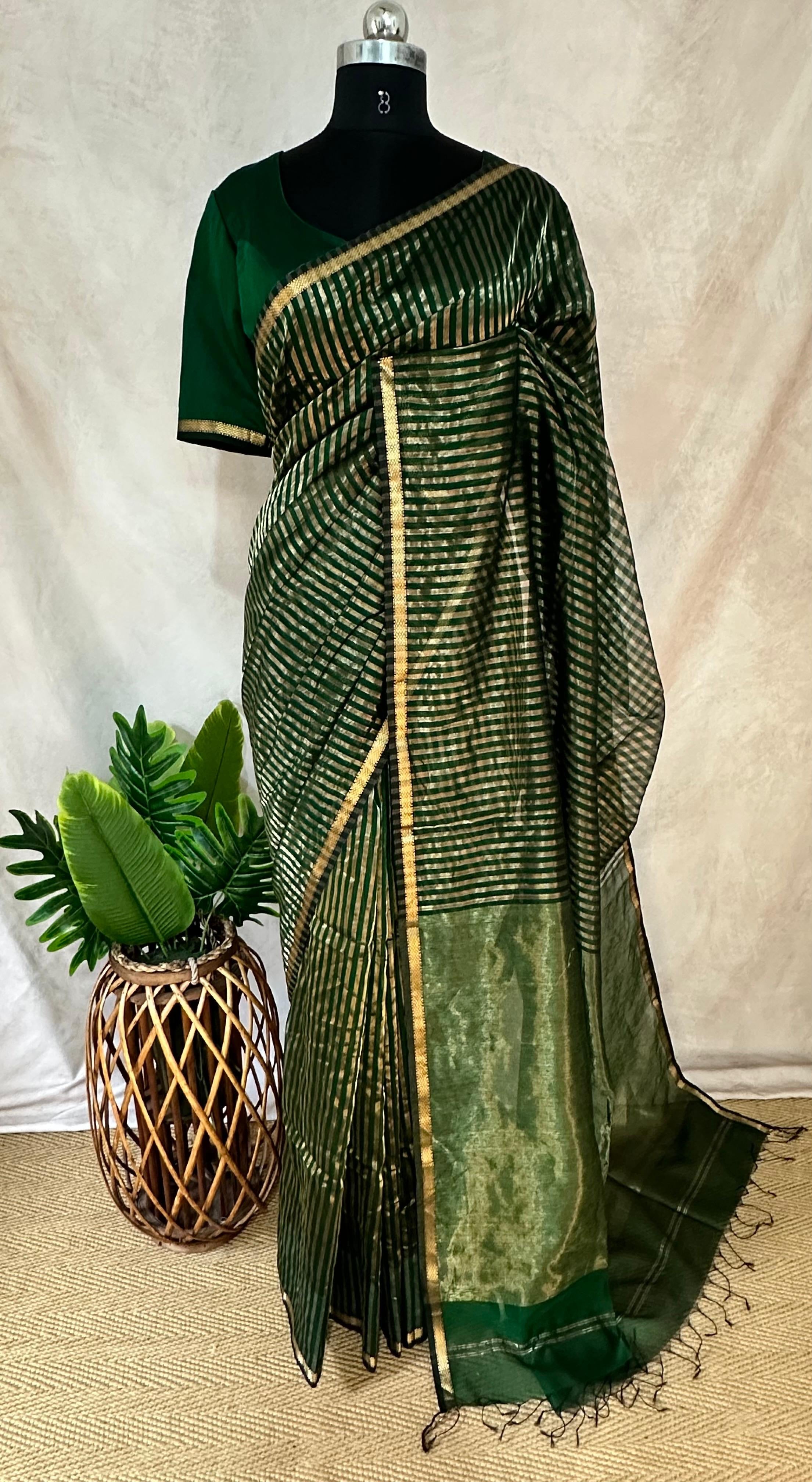 Maheshwari tissue silk saree with stripe and stitched blouse
