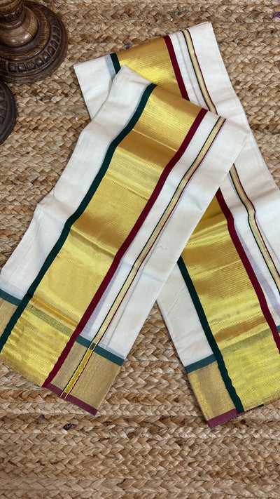Set mundu with bottle green maroon and gold border