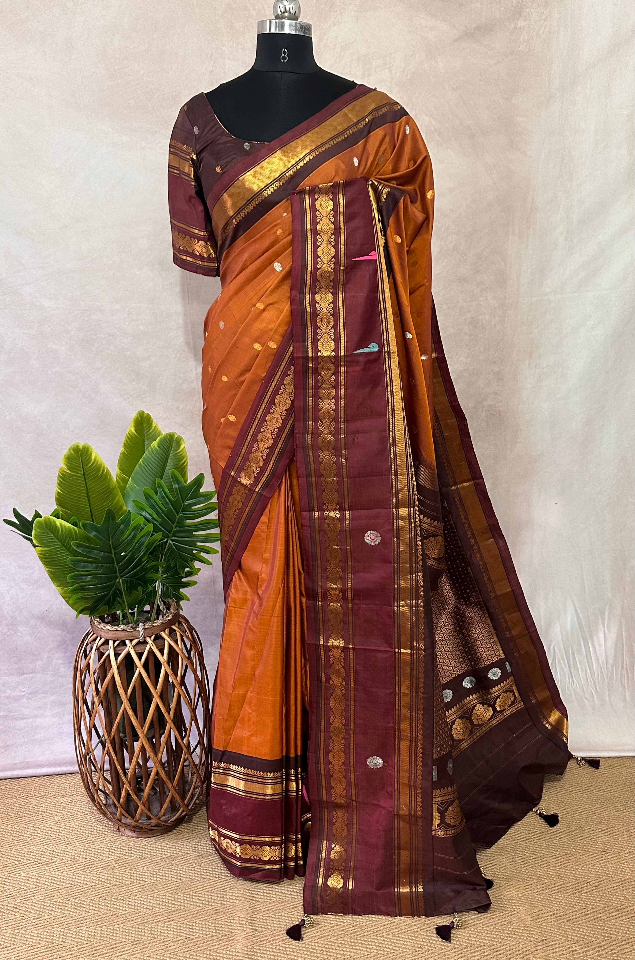 Handloom gadwal pure silk saree with muniya tissue border and stitched blouse