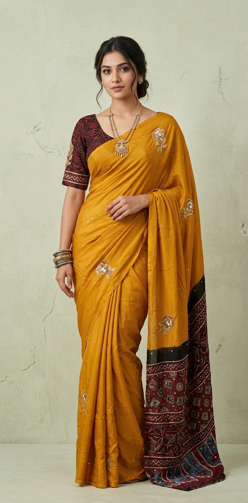 Modal silk saree with bead and mirror work , stitched blouse