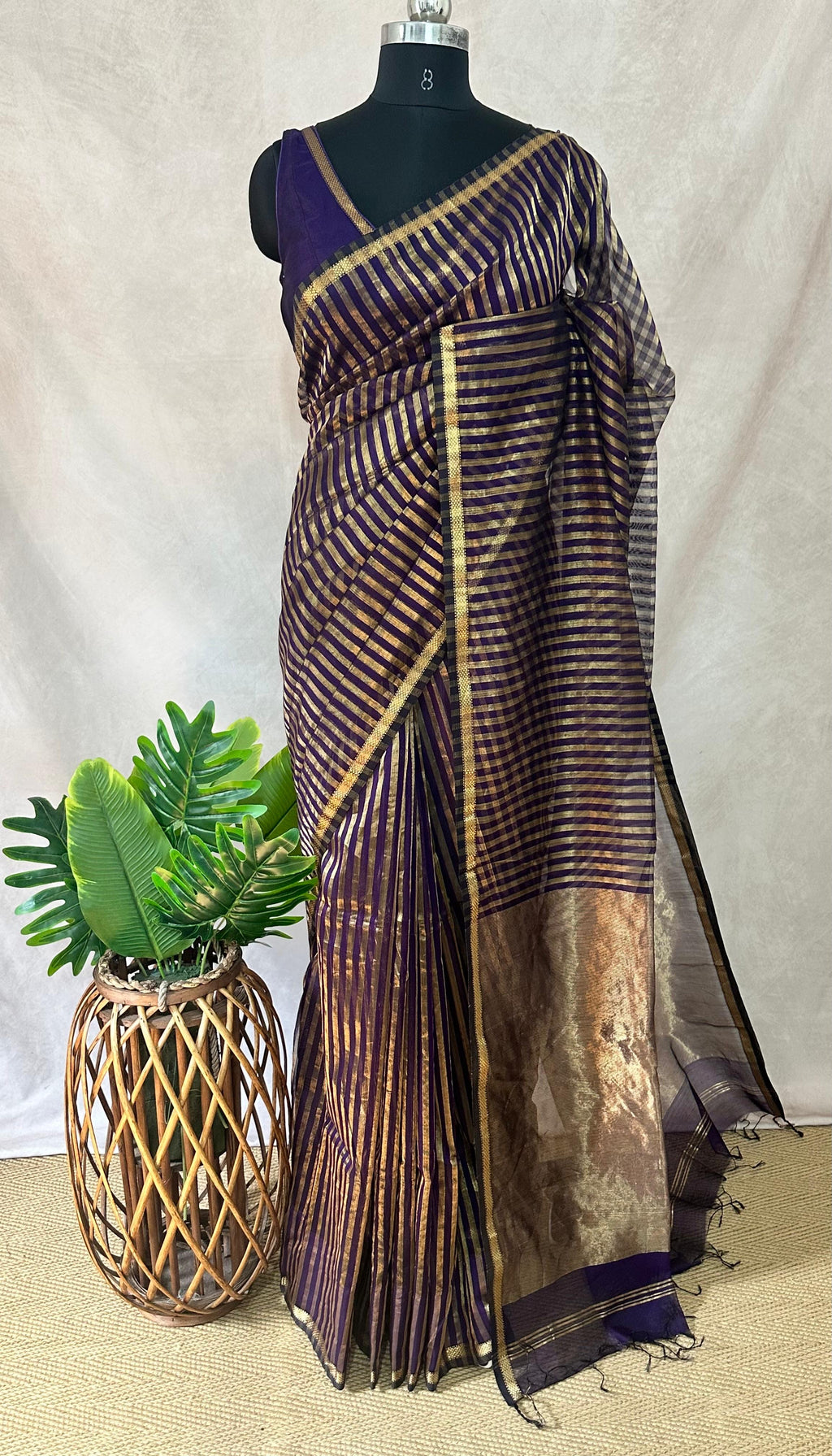 Maheshwari tissue silk saree with stripe and stitched blouse