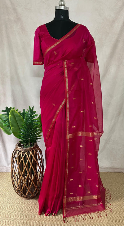 Pure Pink Maheshwari silk saree with stitched blouse
