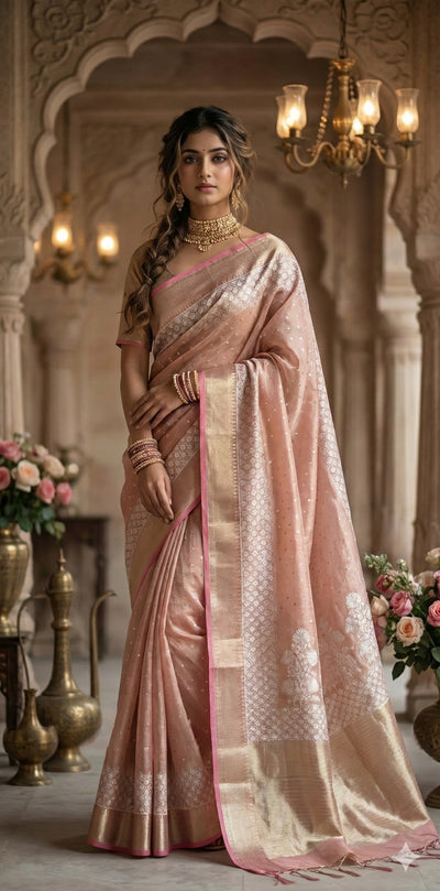 Tissue Kotta silk saree with mirror and chikankari work, with stitched blouse