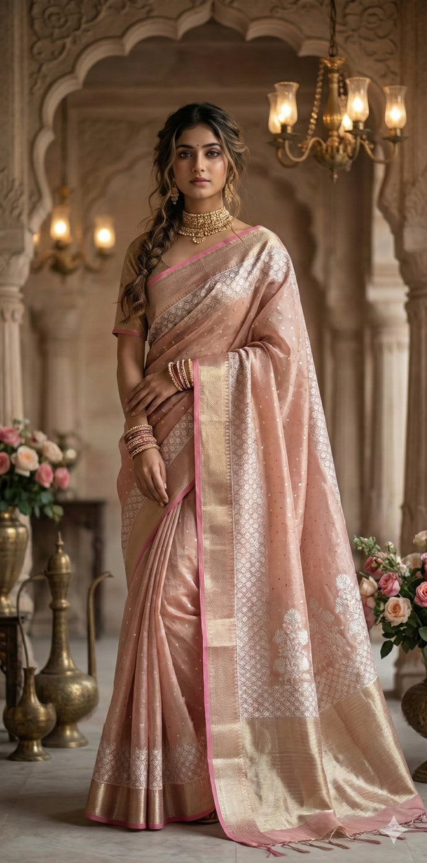 Tissue Kotta silk saree with mirror and chikankari work, with stitched blouse