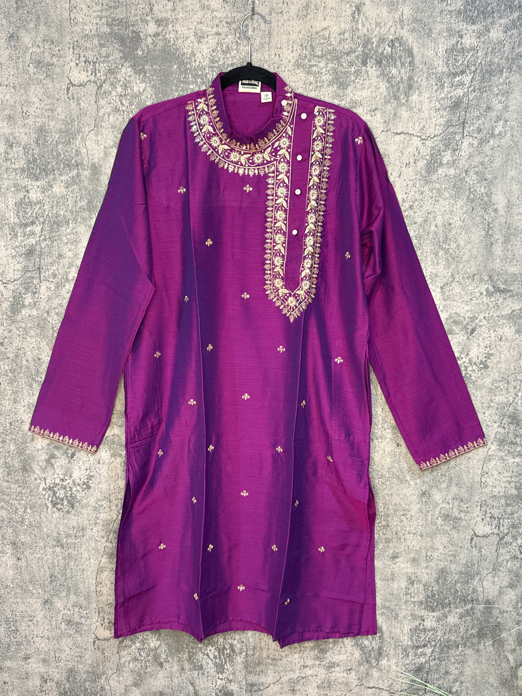 Eggplant cotton silk kurta with side neck open and emroidery