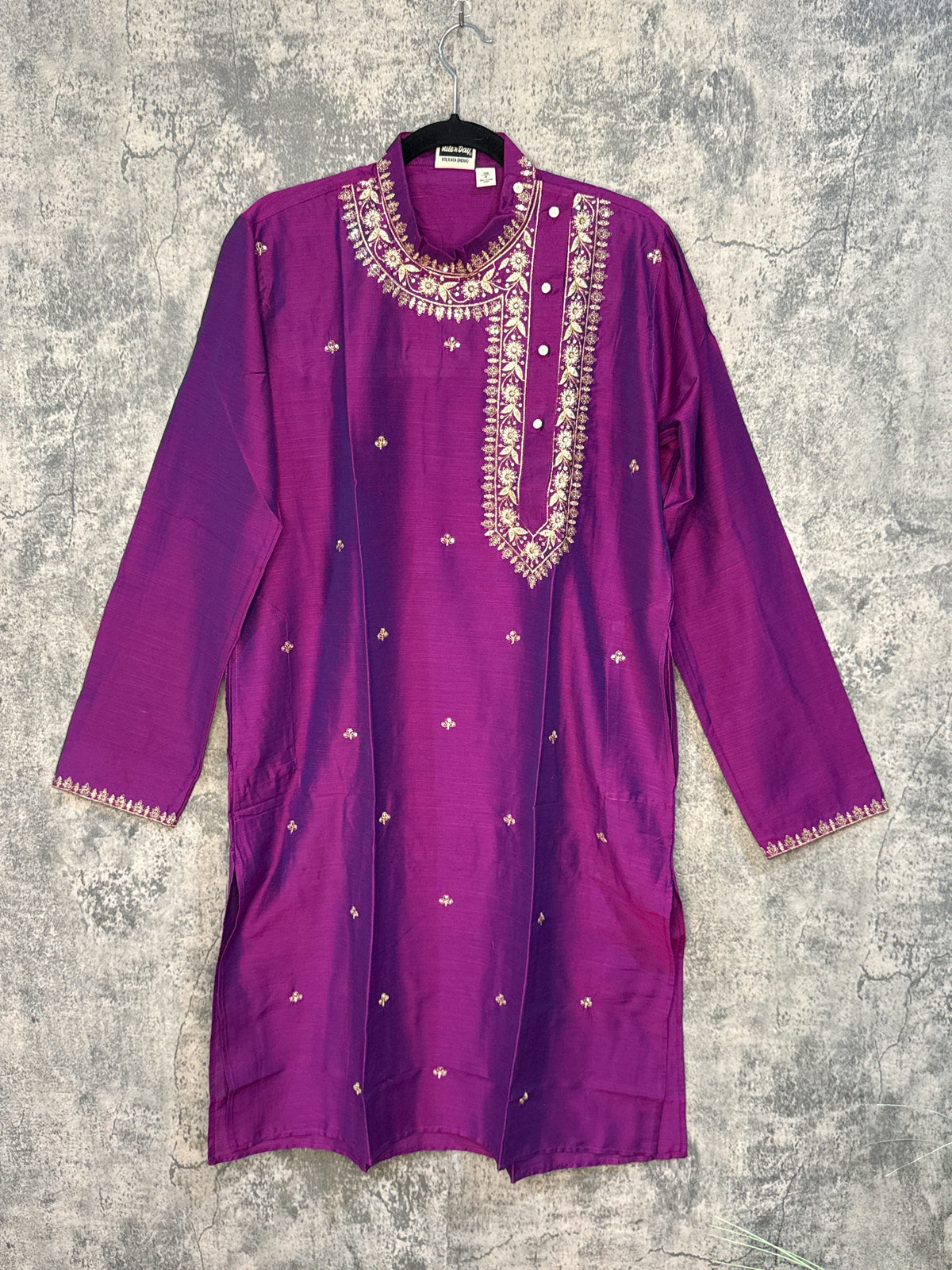 Eggplant cotton silk kurta with side neck open and emroidery