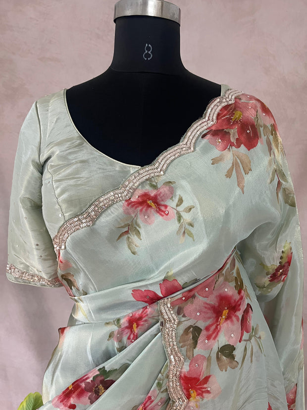 Tissue crepe silk saree with sequins border, stitched blouse