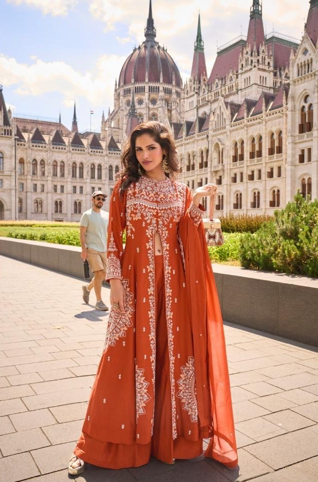 Orange long top with flared pallazo