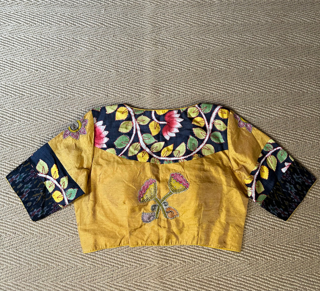 Mustard yellow silk blouse with kalamkari patch and hand work