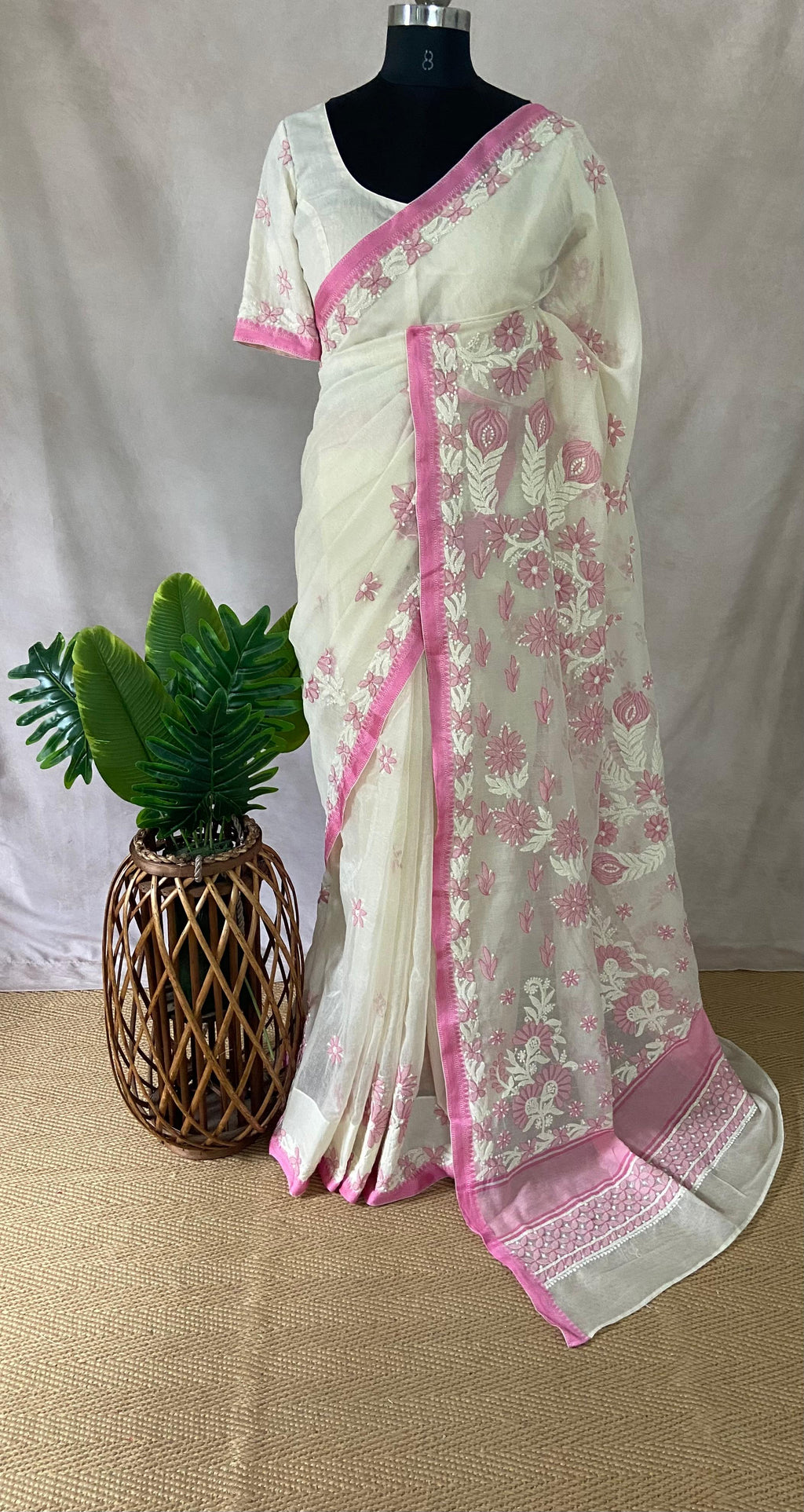 White and Pink Chikankari Hand Work Saree in Kotta Silk with Stitched Blouse
