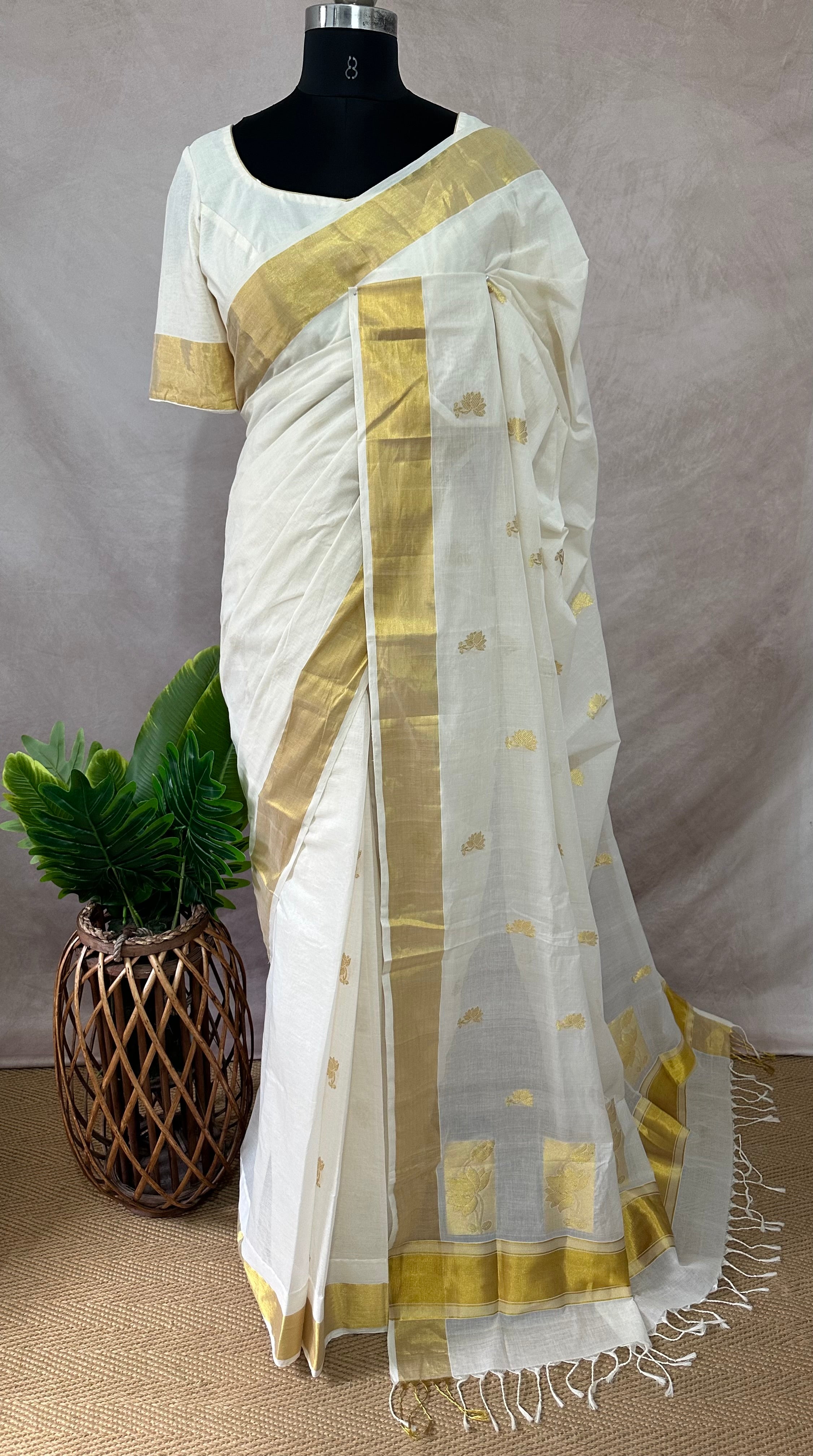 Handloom kerala kasavu saree with stitched blouse