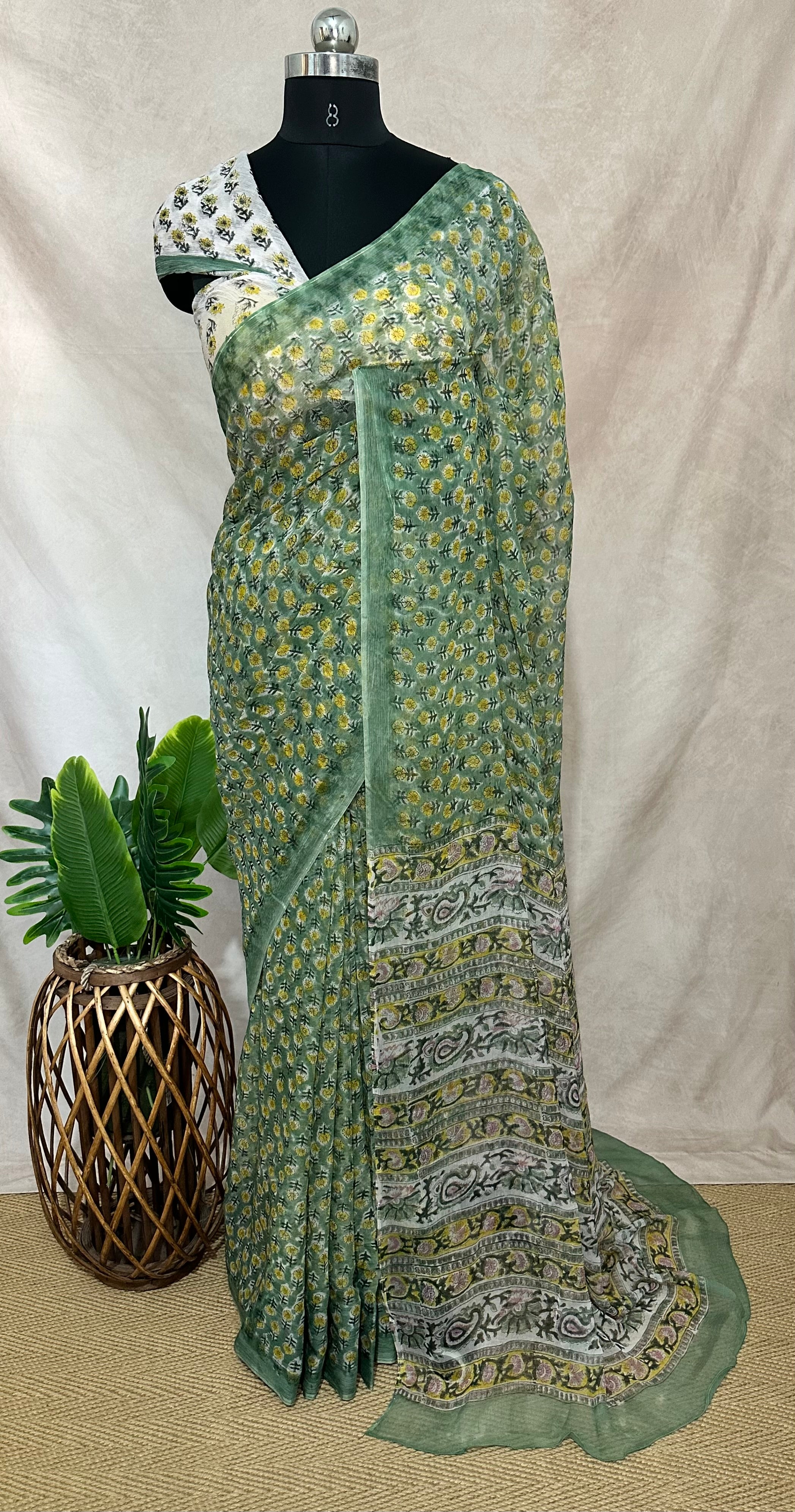 Premium handblock printed Pure Chiffon saree , with BP