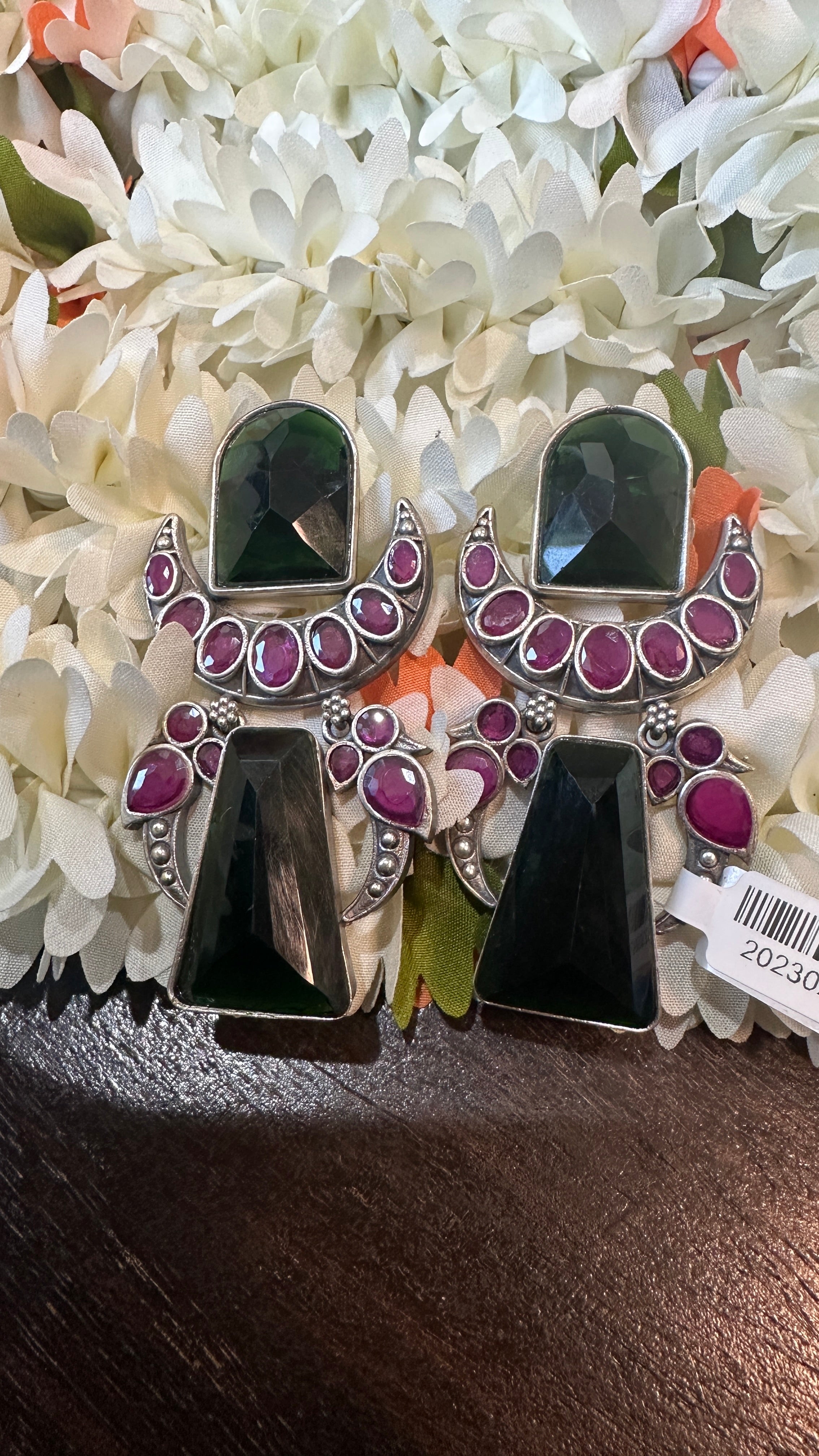 Green and pink stone earring