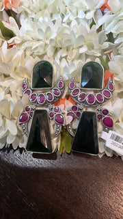 Green and pink stone earring